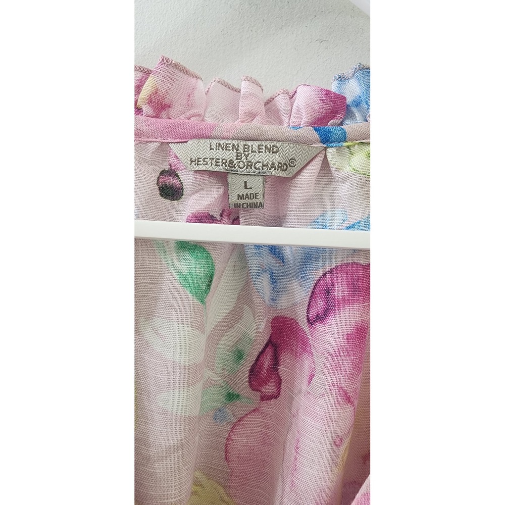 Hester & Orchard Linen Blend Floral Blouse Pink Ruffle V-Neck Top Large - Picture 3 of 8